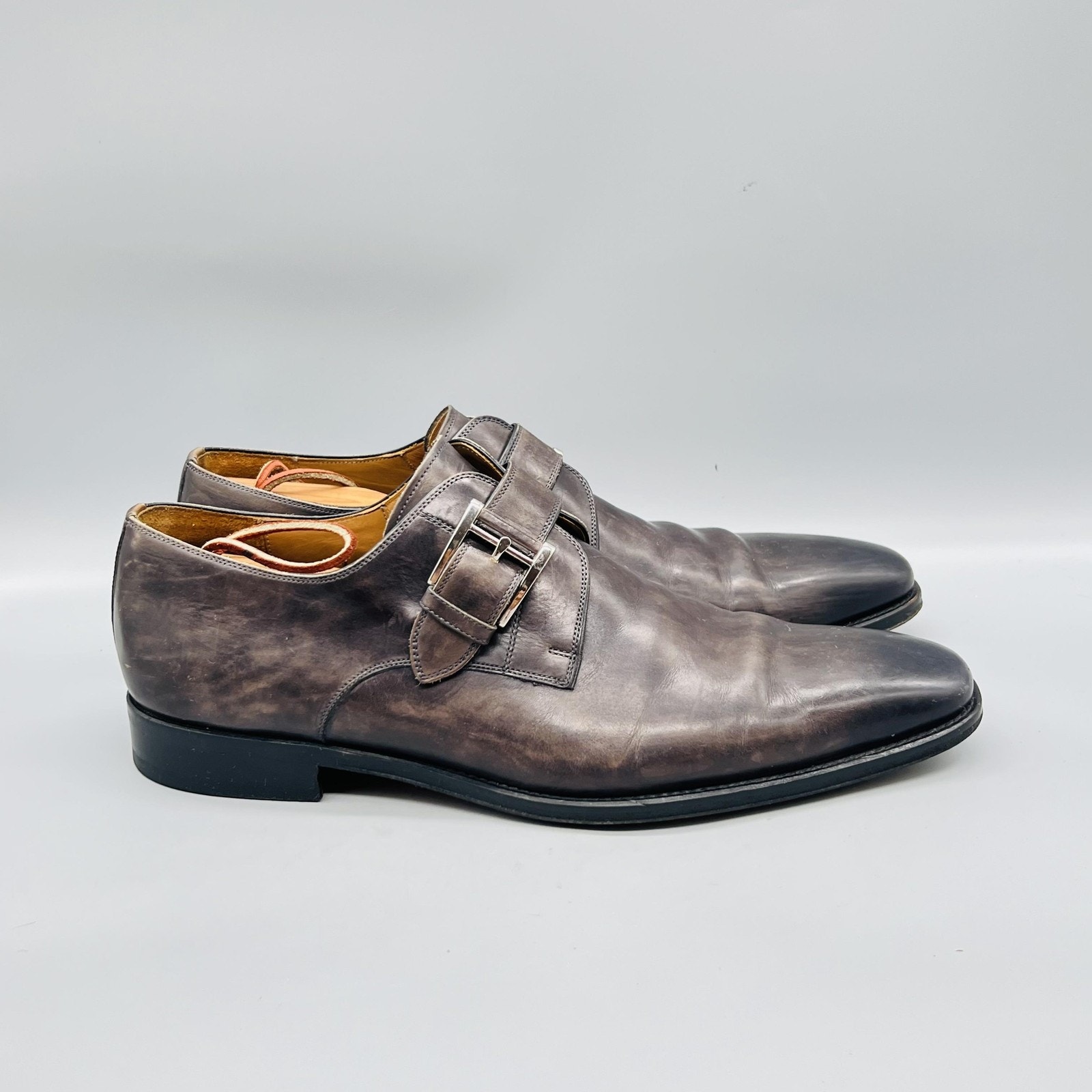Magnanni Shoes Mens 10 Gray Leather Monk Strap Oxford Dress Buckle Almond Toe